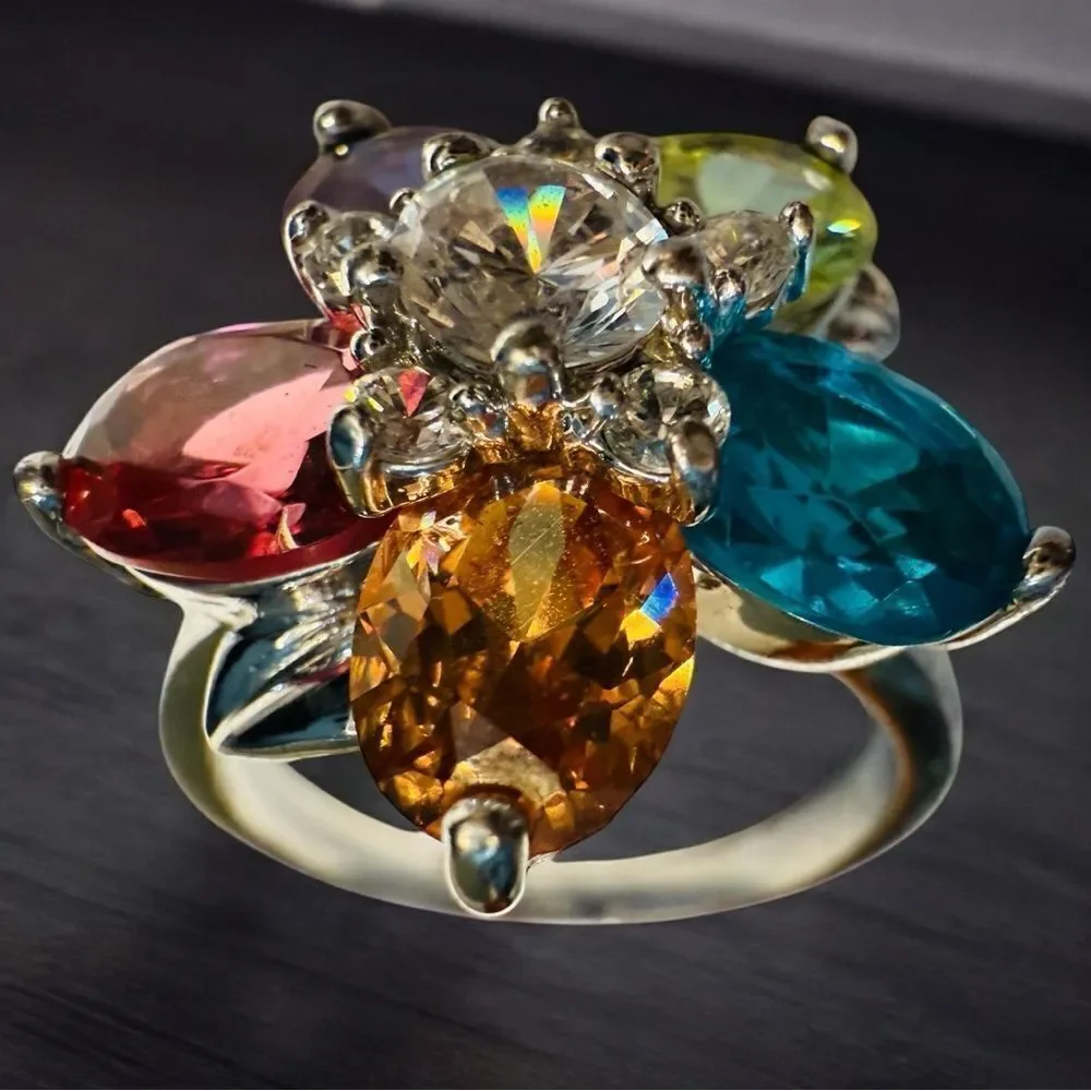 Colorful Flower Cocktail Ring with Multicolor Gemstones – Size 9.5